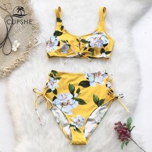 Cupshe Sunny Yellow Floral High-waisted Bikini